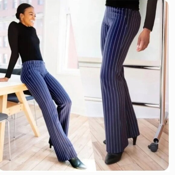 BETABRAND Long Dress Pants Yoga Bootcut Striped Navy Blue White Red Pull On - Picture 1 of 6